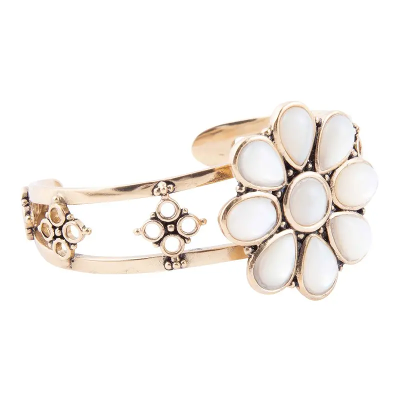 Hibiscus-Inspired Mother-Of-Pearl Cuff Bracelet With Gold Tone 1