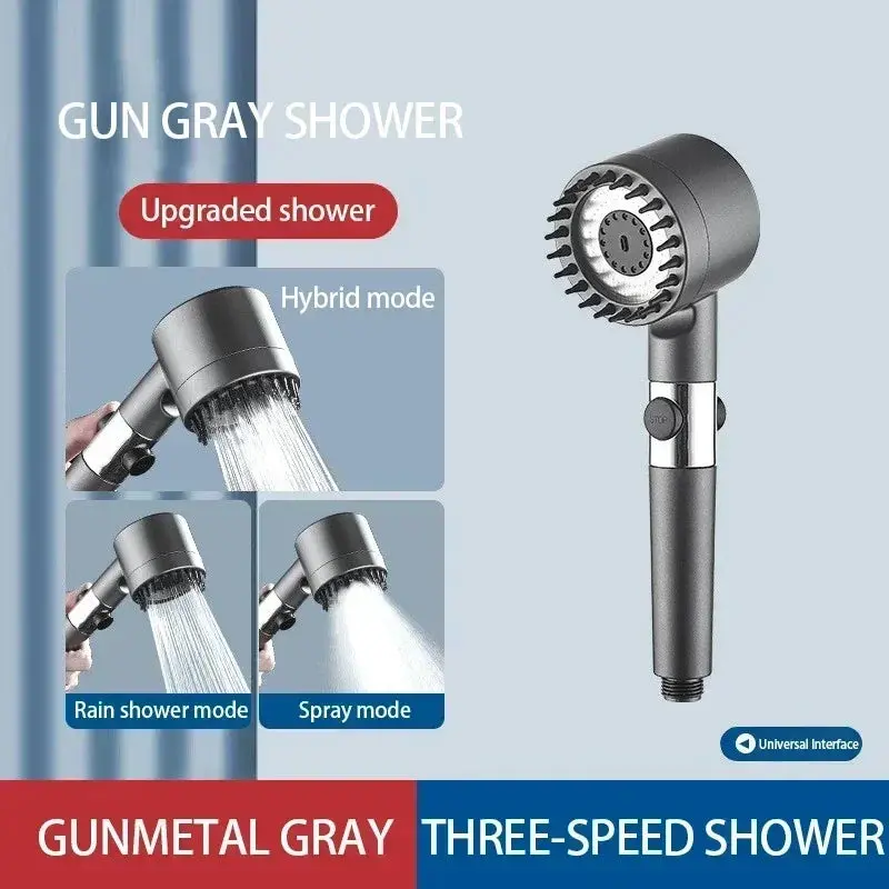 High-Pressure 3-Setting Shower Head With Built-In Filter, Massage Brush, And Rainfall Spray 1
