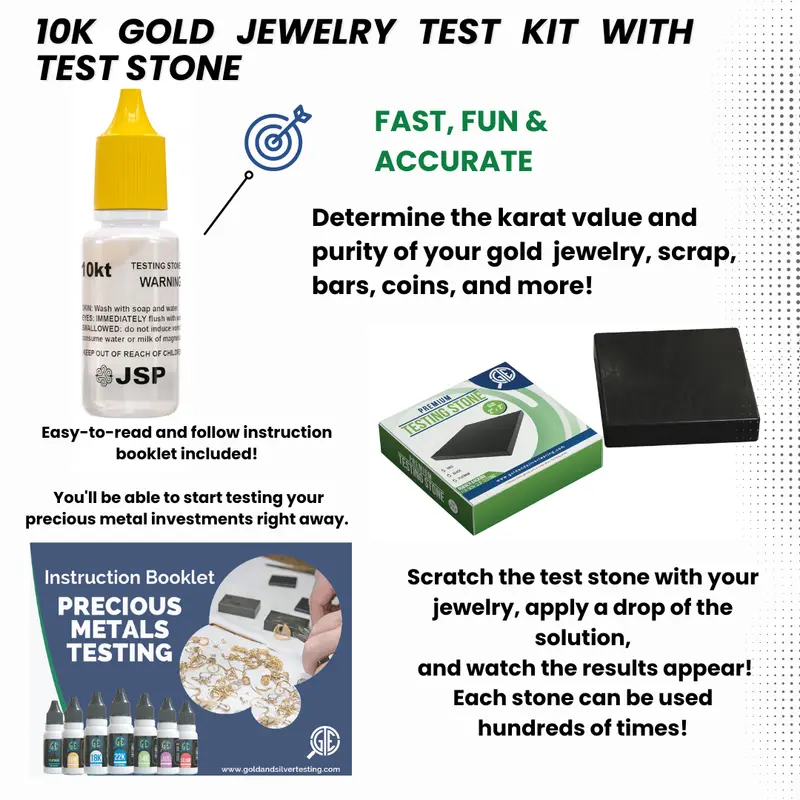 Jsp 10K Gold Testing Kit – Yellow & White Alloy Acid Solution With Dedicated Scratch Stone For Jewelry Grading 1