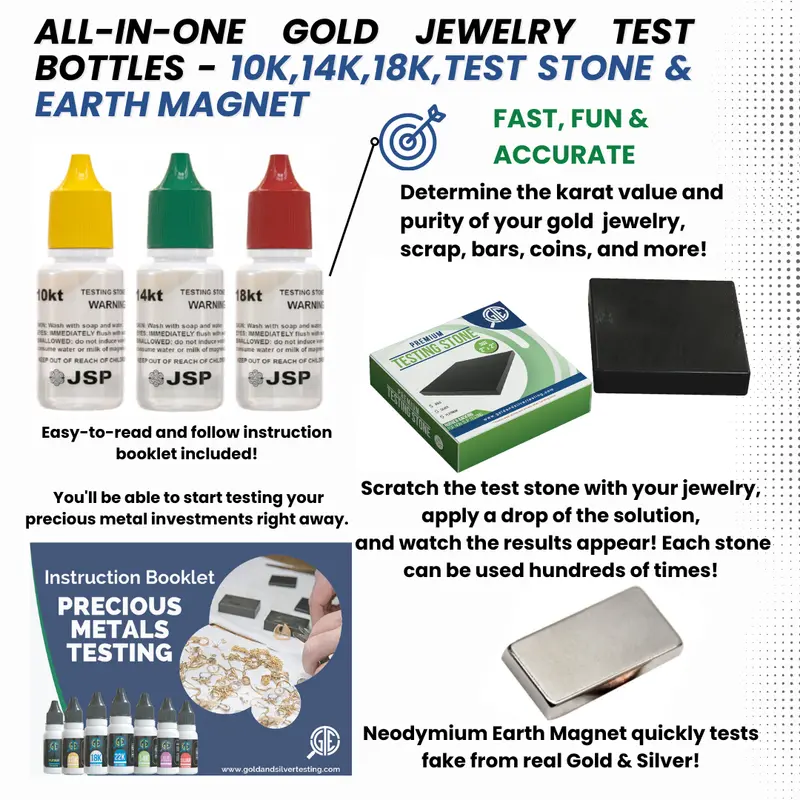 Jsp Comprehensive Gold Testing Kit – 10K, 14K, 18K Acids, Scratch Stone & Rare-Earth Magnet For Jewelry & Scrap 1