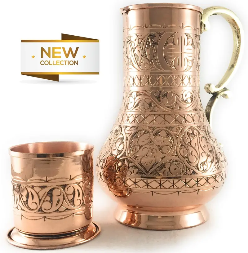 Ks Series Copper Moscow Mule Pitcher Set – 45 Oz Engraved Jug + 7.7 Oz Cup (Ayurvedic Style) 1