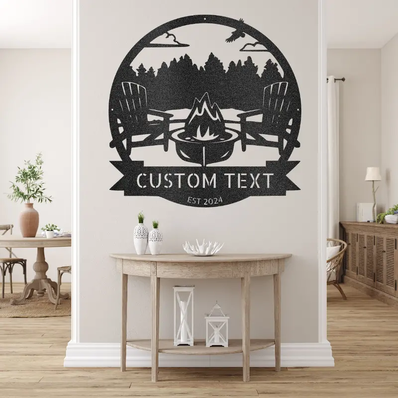 Lakefront Camping Metal Sign – Custom Decor Featuring Campfire And Camper Motifs 1