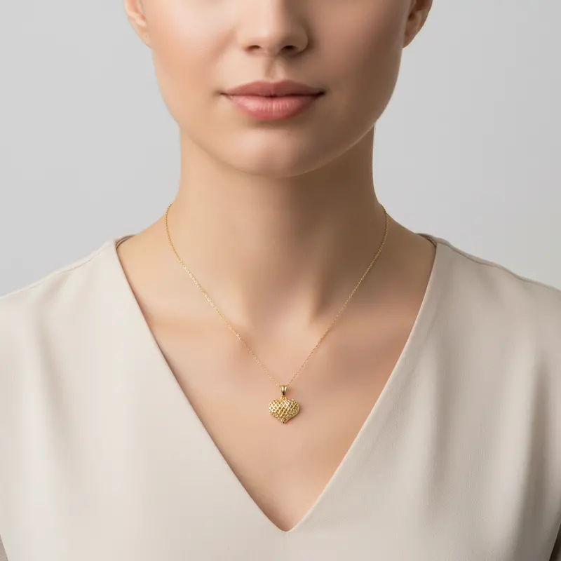 Lattice-Textured Puff Heart Pendant In 14K Yellow Gold 1