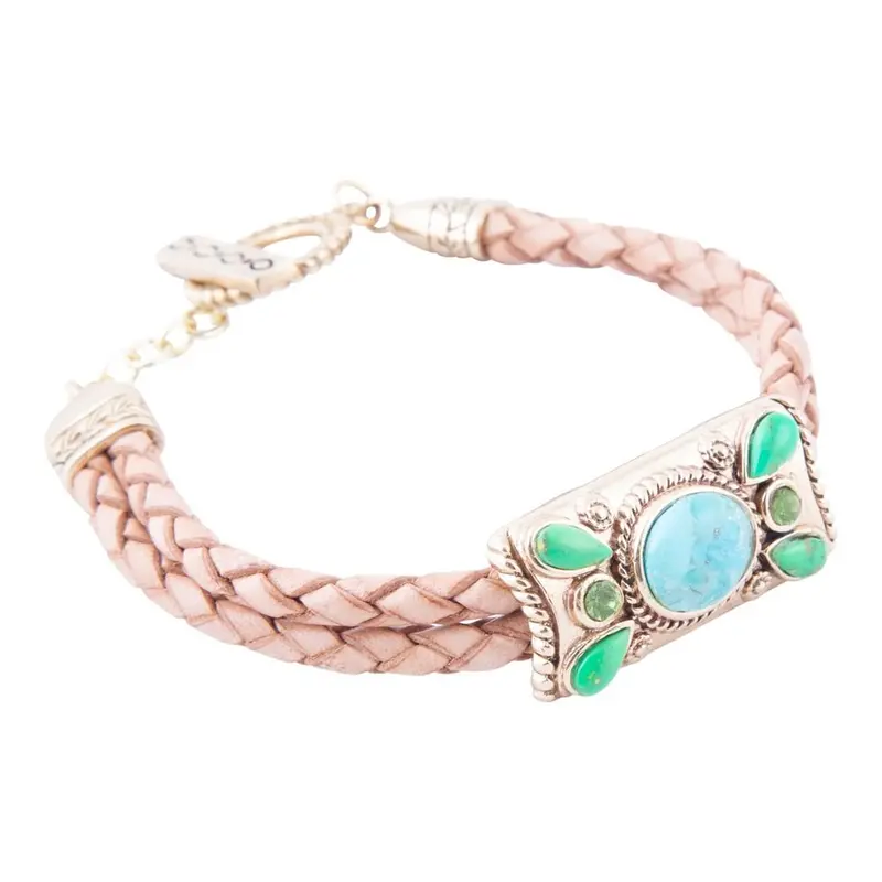 Legacy Braided Leather Bracelet With Lime Green And Turquoise Accents 1