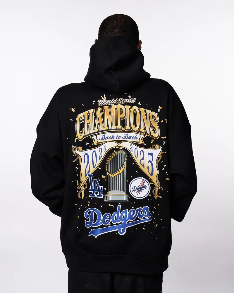 Los Angeles Dodgers 2025 Back-To-Back Champions Black Drop-Shoulder Fleece Hoodie 1