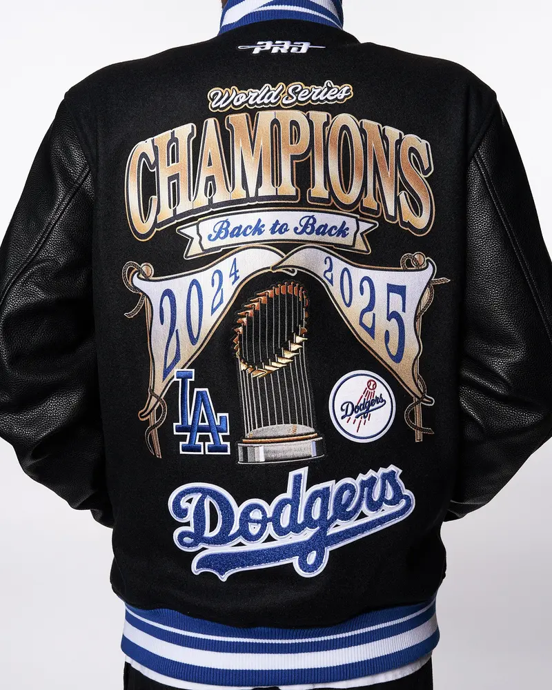 Los Angeles Dodgers 2025 Back-To-Back World Series Black Faux Leather Varsity Jacket 1