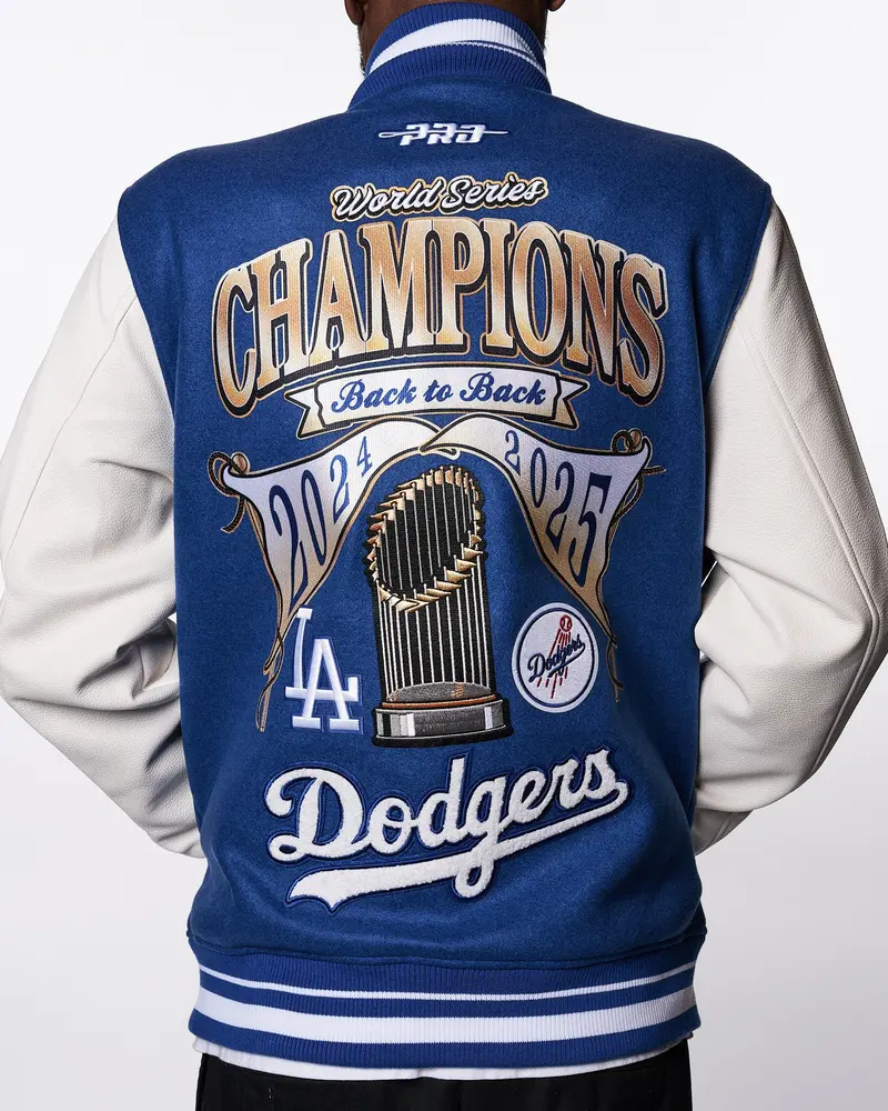 Los Angeles Dodgers 2025 Back-To-Back World Series Blue And White Faux Leather Varsity Jacket 1