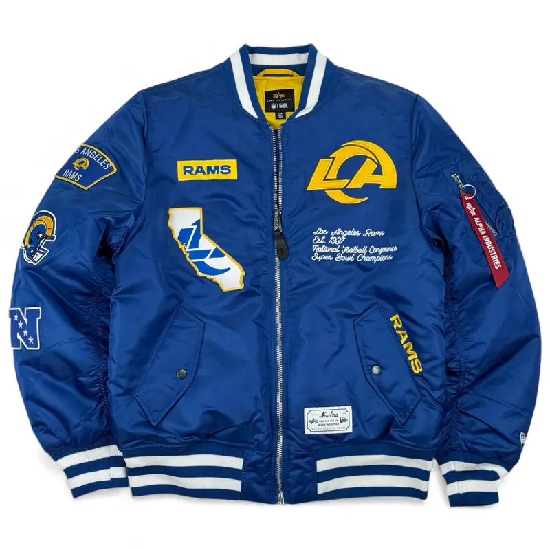 Los Angeles Rams Alpha Industries X New Era Ma-1 Satin Bomber Jacket – True Blue 1