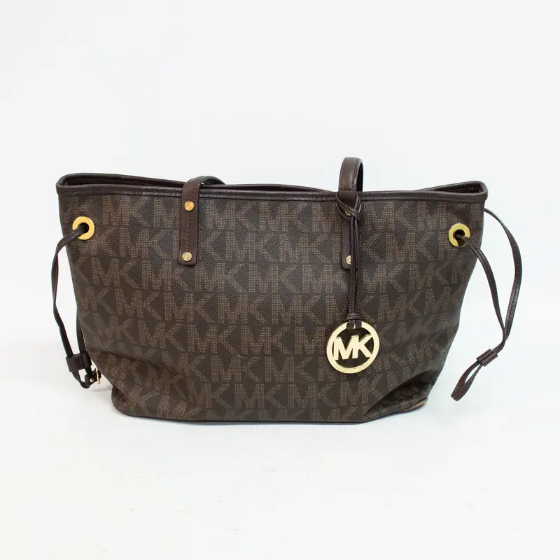 Michael Kors Jet Set Mk Signature Reversible Tote – Brown Pvc Medium Size 1
