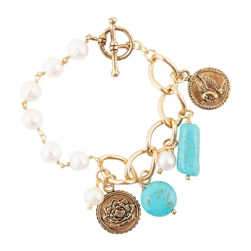 Multi-Charm Gold Bracelet With Turquoise And White Pearl Accents 1