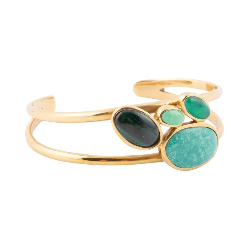 Multi-Green Stone Cuff Bracelet With Gold Accents 1