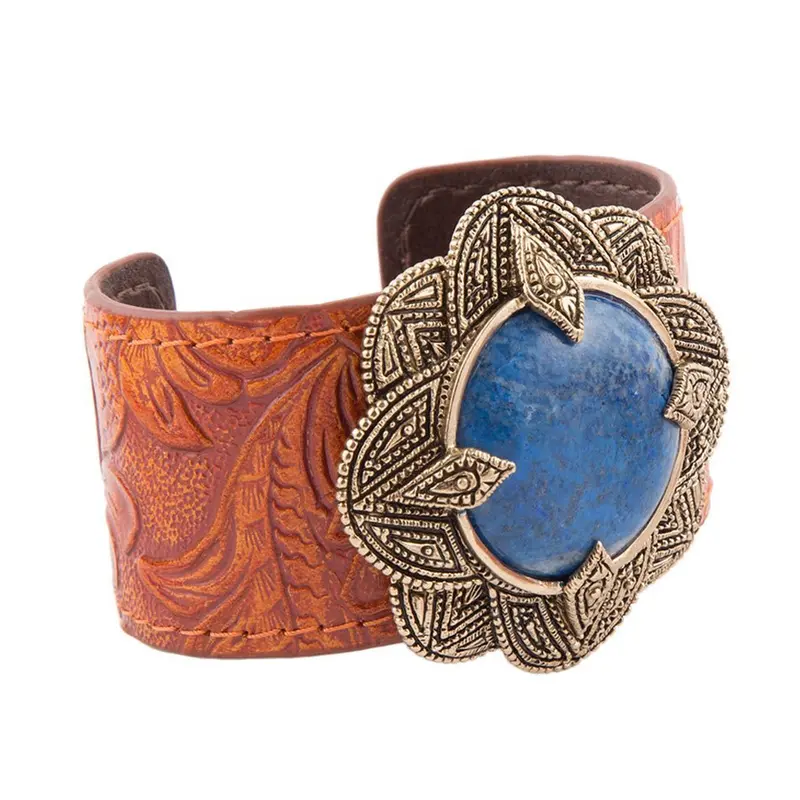 Ornate Blue Lapis Leather Cuff Bracelet With Gold Accents 1