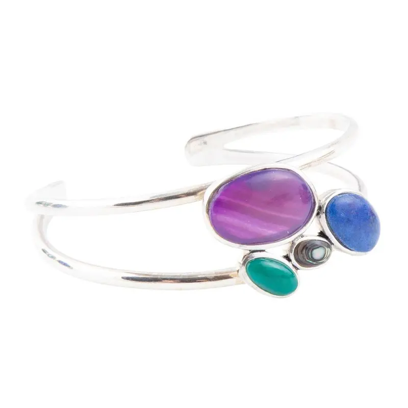 Peacock-Motif Multi-Stone Cuff Bracelet In Sterling Silver 1