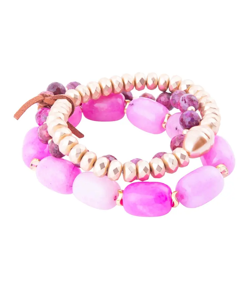 Peony-Inspired Fuchsia Jade Stretch Bracelet Set With Gold Accents 1