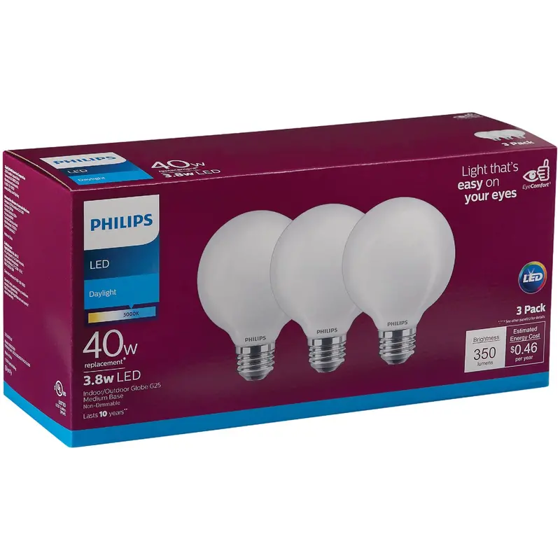 Philips Daylight Led Decorative Bulbs – G25 Shape, 40W Equivalent, 3-Pack 1