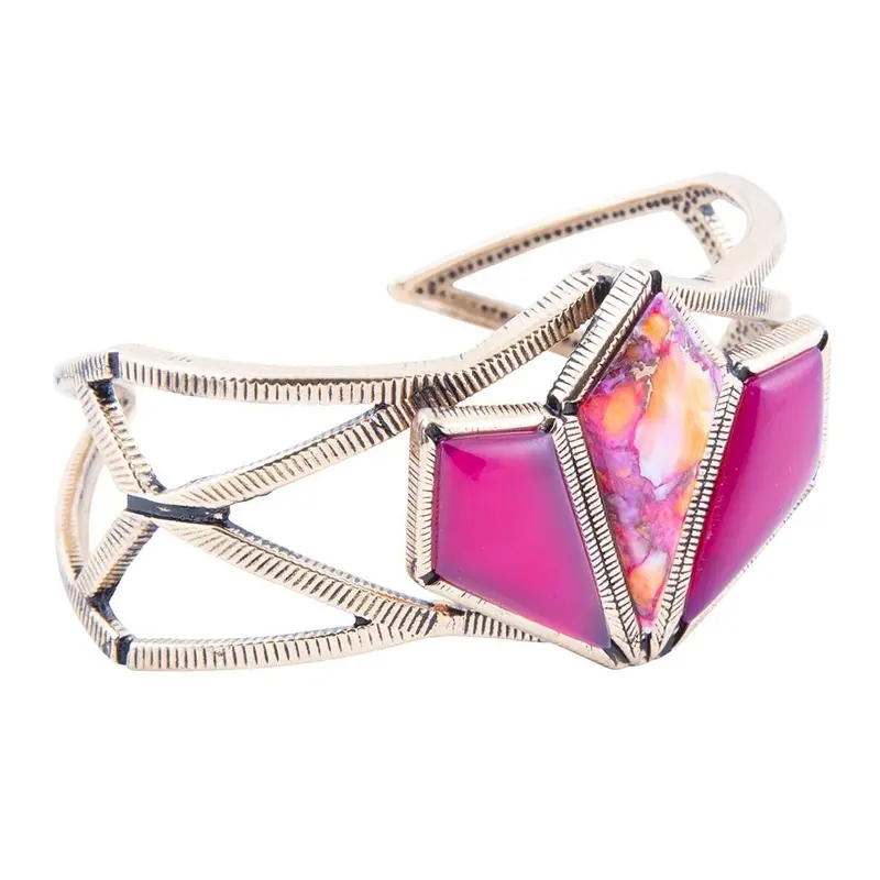 Pink Agate And Coral Matrix Cuff Bracelet With Gold Plating 1