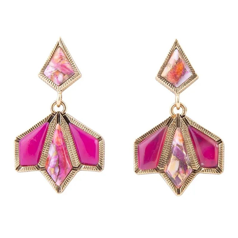 Pink Agate And Shell Statement Earrings With Gold Tone Frame 1