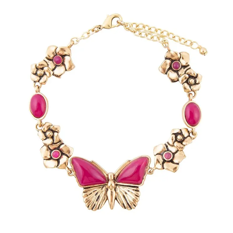 Pink Agate Butterfly Charm Bracelet With Adjustable Gold-Tone Band 1