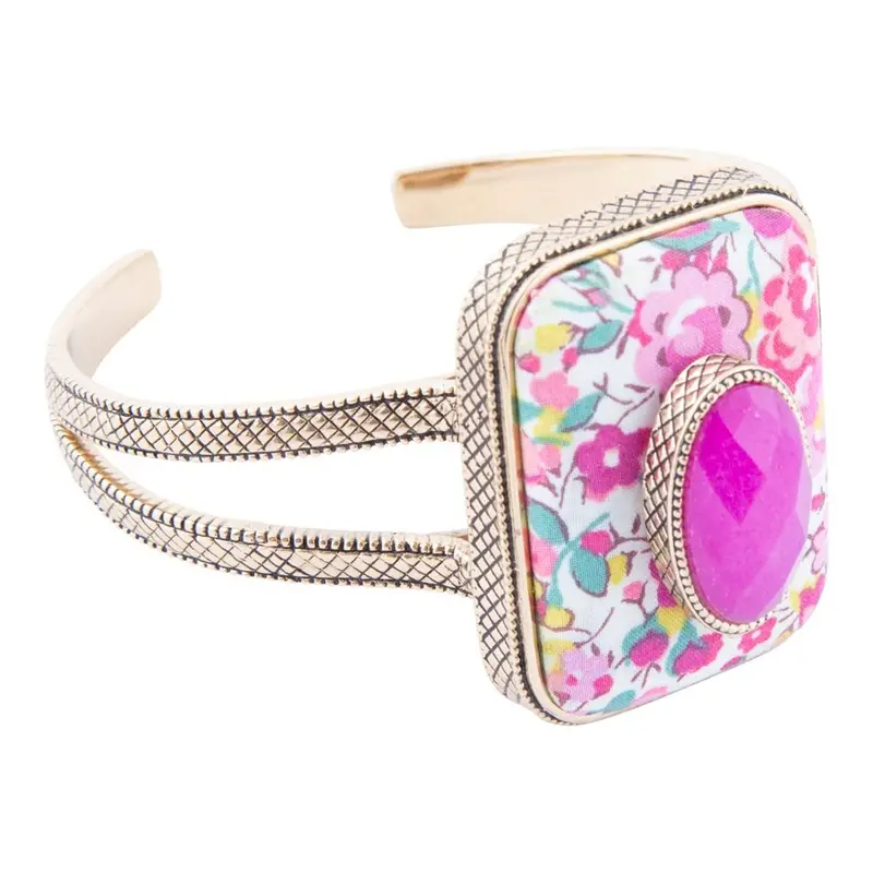 Pink Agate Floral Cuff Bracelet With Layered Stone Texture 1