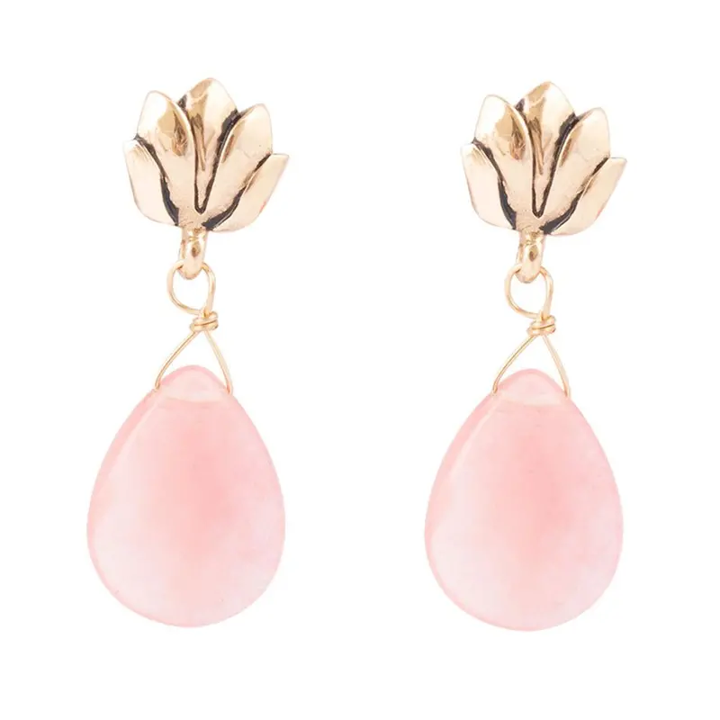 Pink Quartz Lotus Drop Earrings With Gold Plating 1