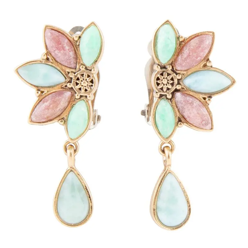 Pink Rhodonite, Blue Amazonite & Variscite Petal Clip Earrings In Gold 1