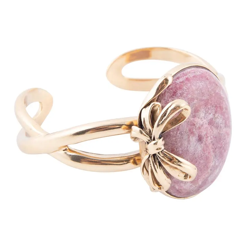 Pink Rhodonite Bow Cuff Bracelet With Gold Finish 1