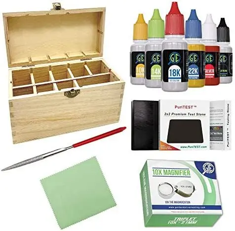 Puritest Deluxe Jewelry Testing Kit – Wooden Box Edition With 30× Loupe, Test Acids, File, Needle, Cloth & Stone 1