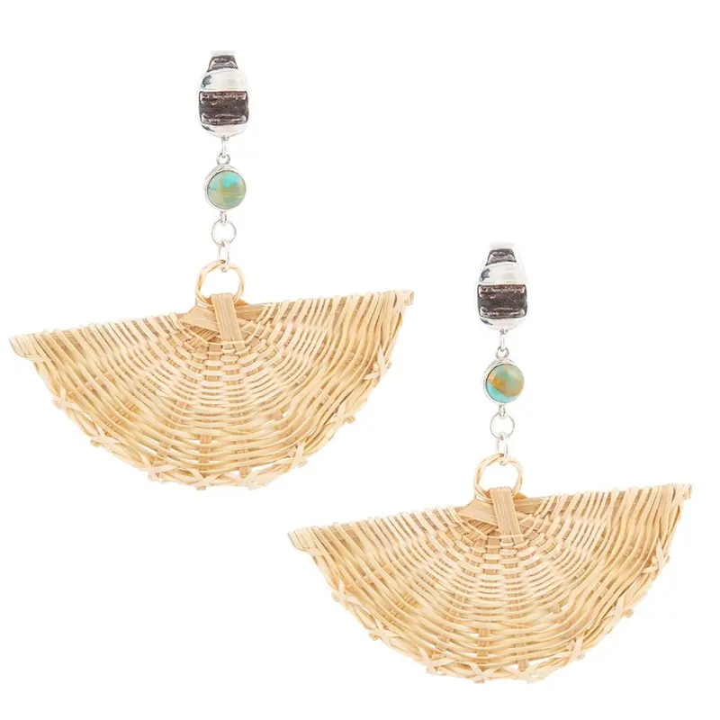 Rattan-Inspired Fan-Shaped Blue Turquoise Earrings In Silver 1
