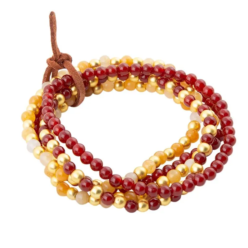 Red Carnelian And Yellow Jade Stretch Bracelet Set In Gold Tone 1