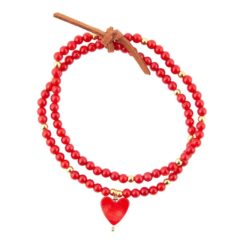 Red Coral Heart Charm Stretch Bracelet Set In Gold-Finished Accents 1