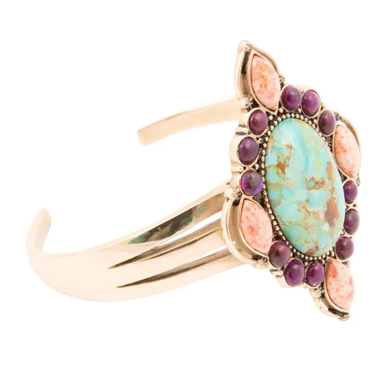 Regalia Cuff Bracelet: Blue Turquoise, Purple & Orange Coral In Gold Tone 1