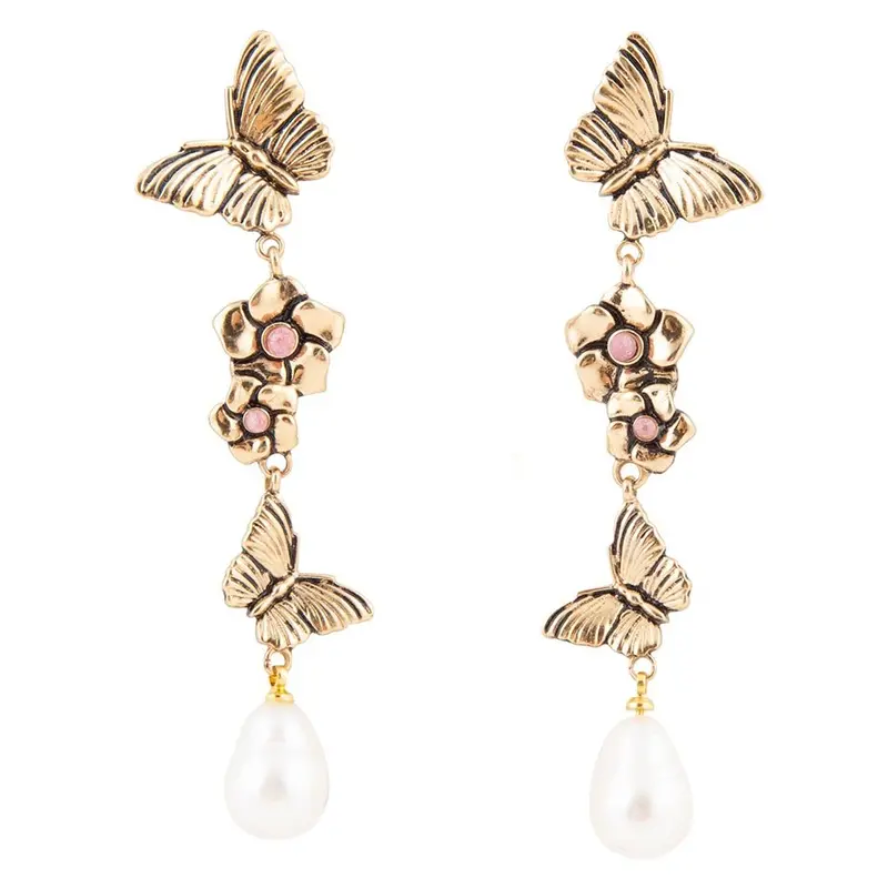 Rhodonite And Freshwater Pearl Drop Earrings With Gold-Tone Butterflies 1