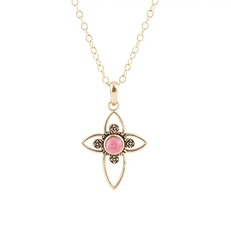 Rhodonite Pendant Necklace With Gold Cross Charm 1