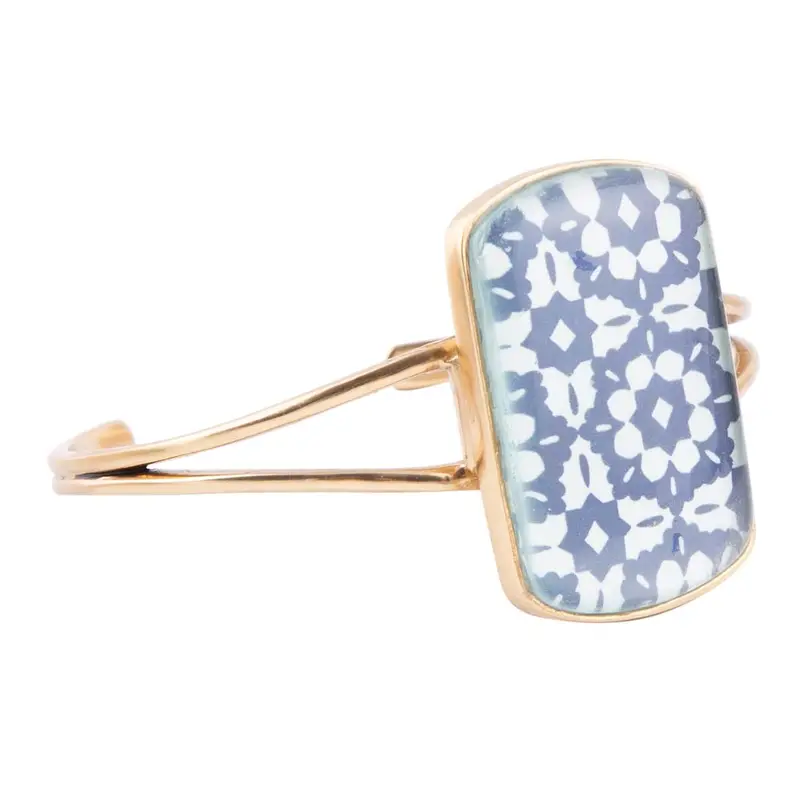 Santorini-Themed Cuff Bracelet: Cobalt Blue, White Enamel & Gold Tone 1