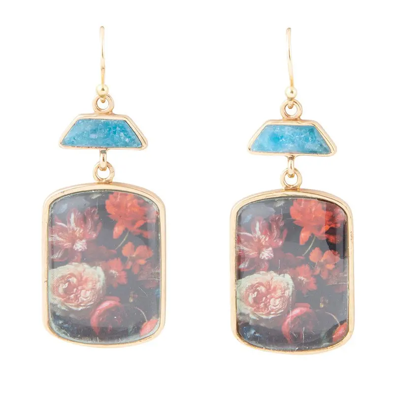 Scenic Dark Floral Apatite Gold Drop Earrings 1