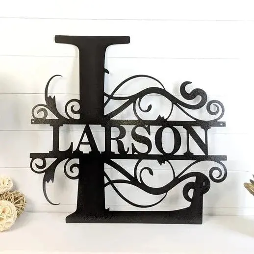Split-Letter Family Name Sign – Elegant Monogram Metal Plaque 1