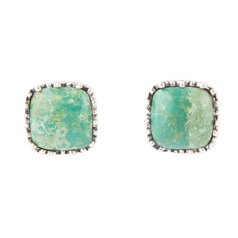 Squared Green Turquoise Stud Earrings In Silver 1
