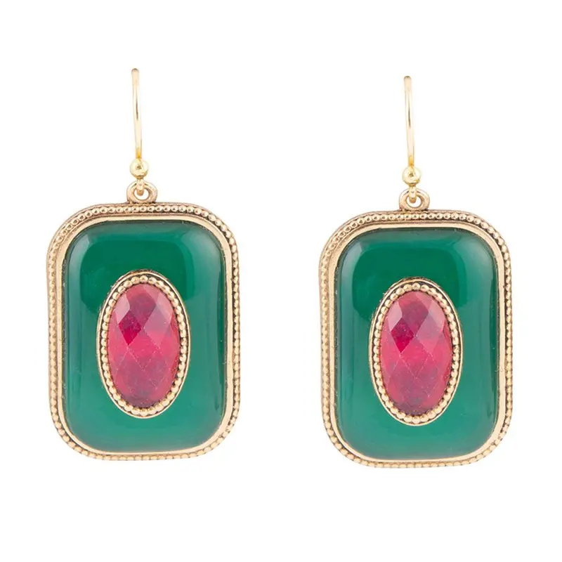 Stacked Gemstone Drop Earrings: Green Onyx And Red Jasper In Gold 1
