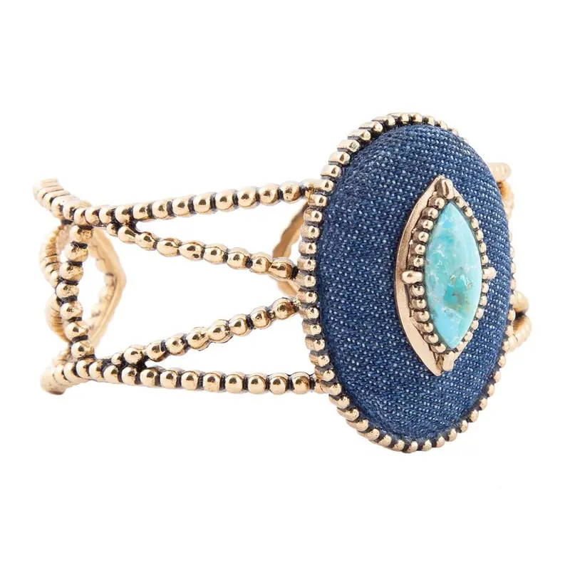 Stacked Turquoise And Denim Cuff Bracelet In Gold Tone 1