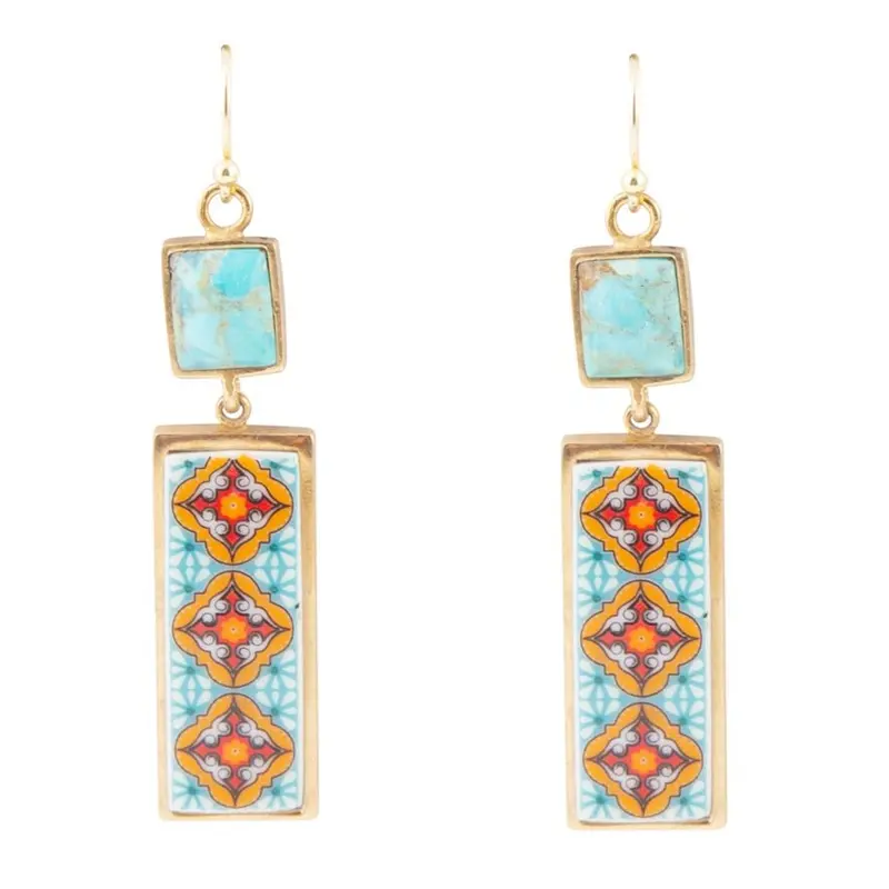 Talavera-Inspired Turquoise Dangle Earrings With Gold Tone 1