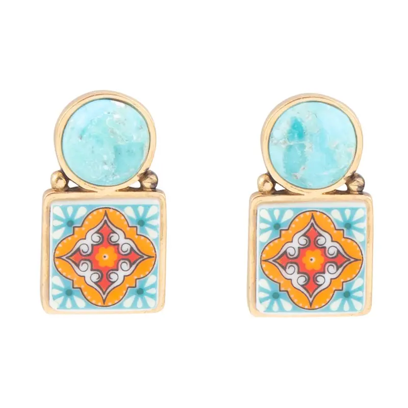 Talavera-Inspired Turquoise Drop Earrings With Gold Accents 1