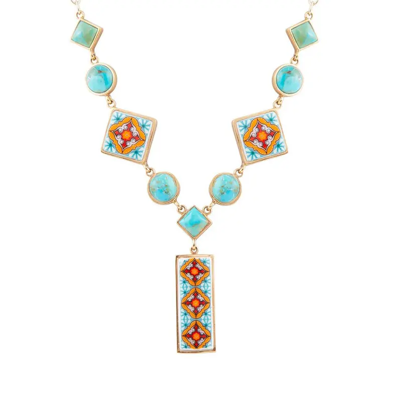 Talavera Tile And Turquoise Y-Necklace In Gold-Tone Metal 1