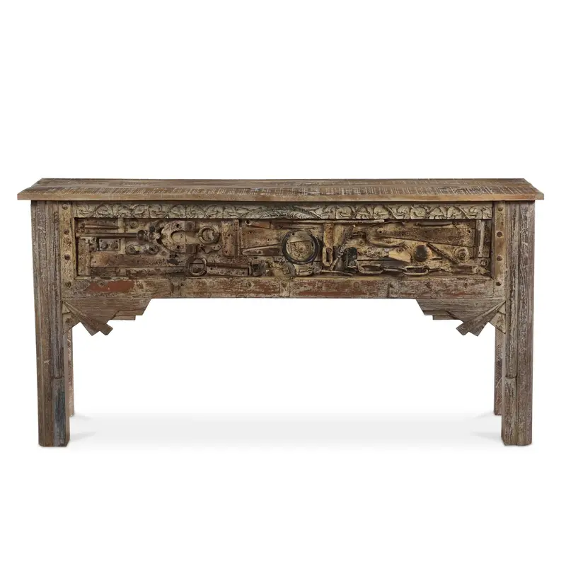 Tortoise-Grain Wooden Console With Metallic Accents 1