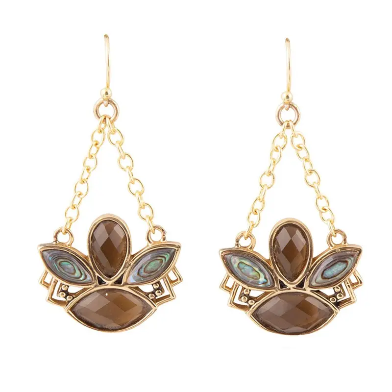 Tribecca-Inspired Drop Earrings: Blue Abalone, Black Smoky Quartz & Gold Tone 1