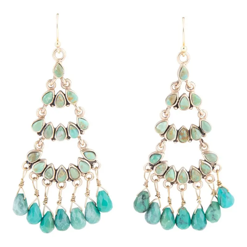 Triple-Tier Turquoise Chandelier Earrings In Gold Finish 1