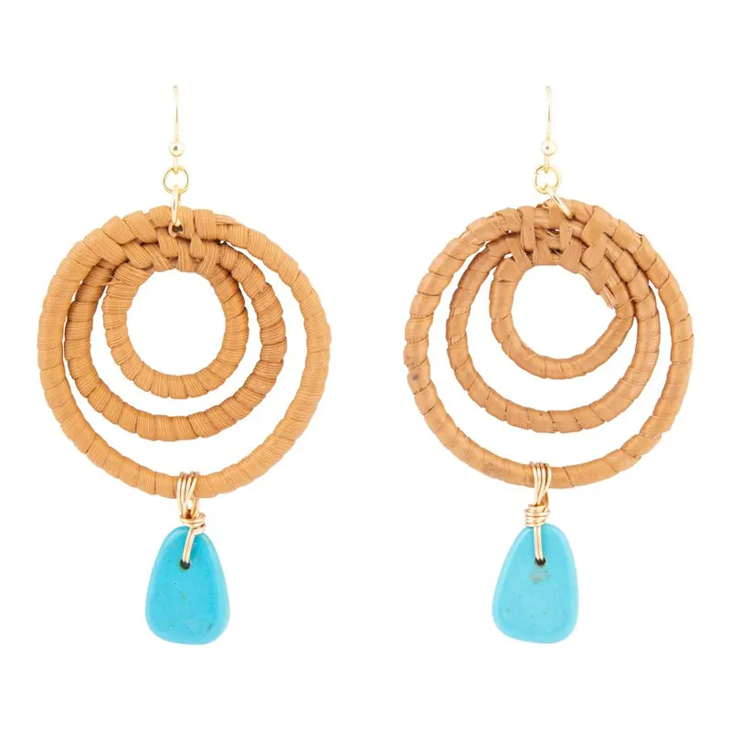 Tulum-Inspired Blue Magnesite Rattan Drop Earrings With Gold 1