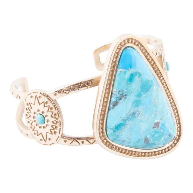 Tulum-Inspired Blue Turquoise Cuff Bracelet With Gold-Tone Details 1