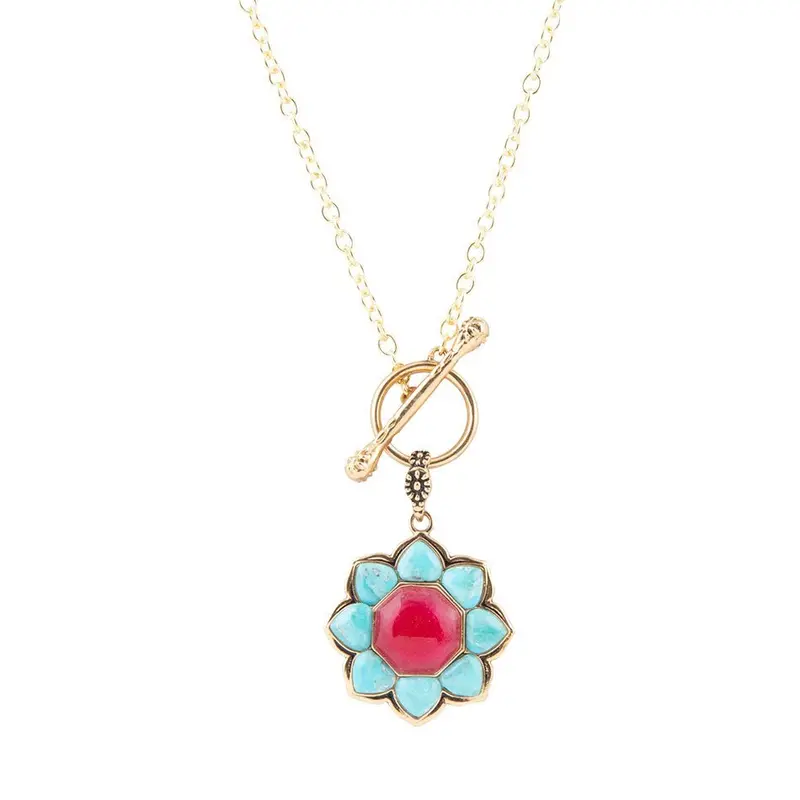 Turquoise And Red Quartz Chain Necklace With Gold Tone Links 1