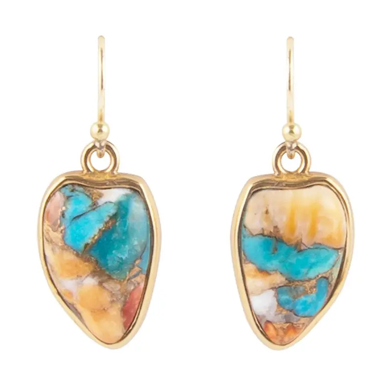 Turquoise And Spiny Oyster Matrix Drop Earrings With Gold Plating 1