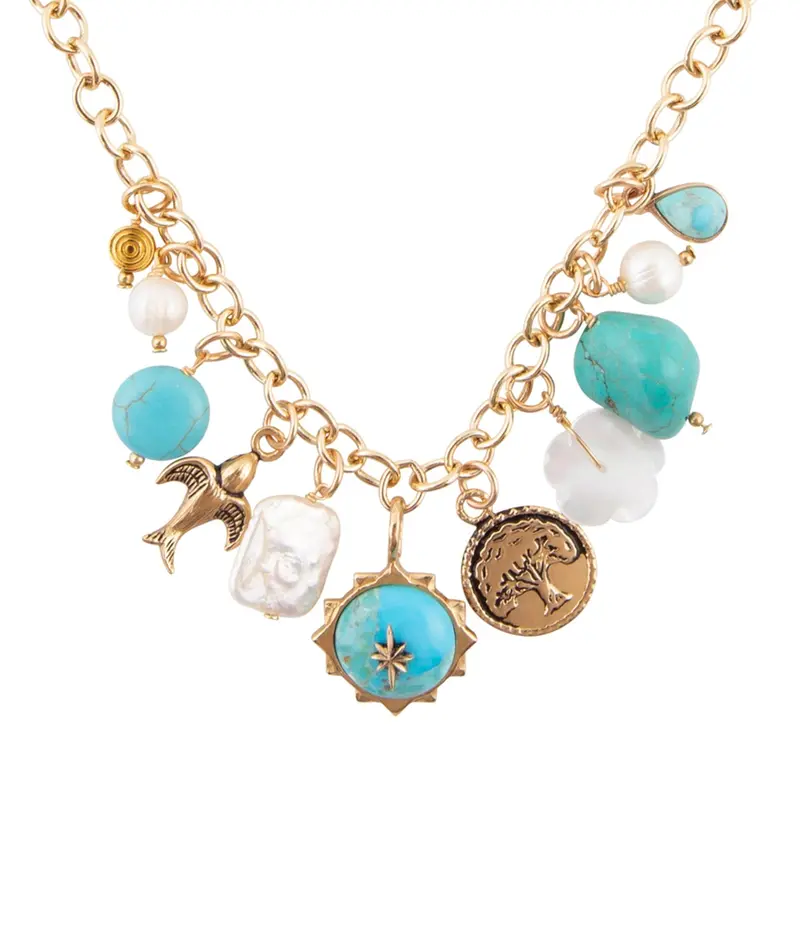 Turquoise And White Pearl Charm Necklace On Gold Chain 1